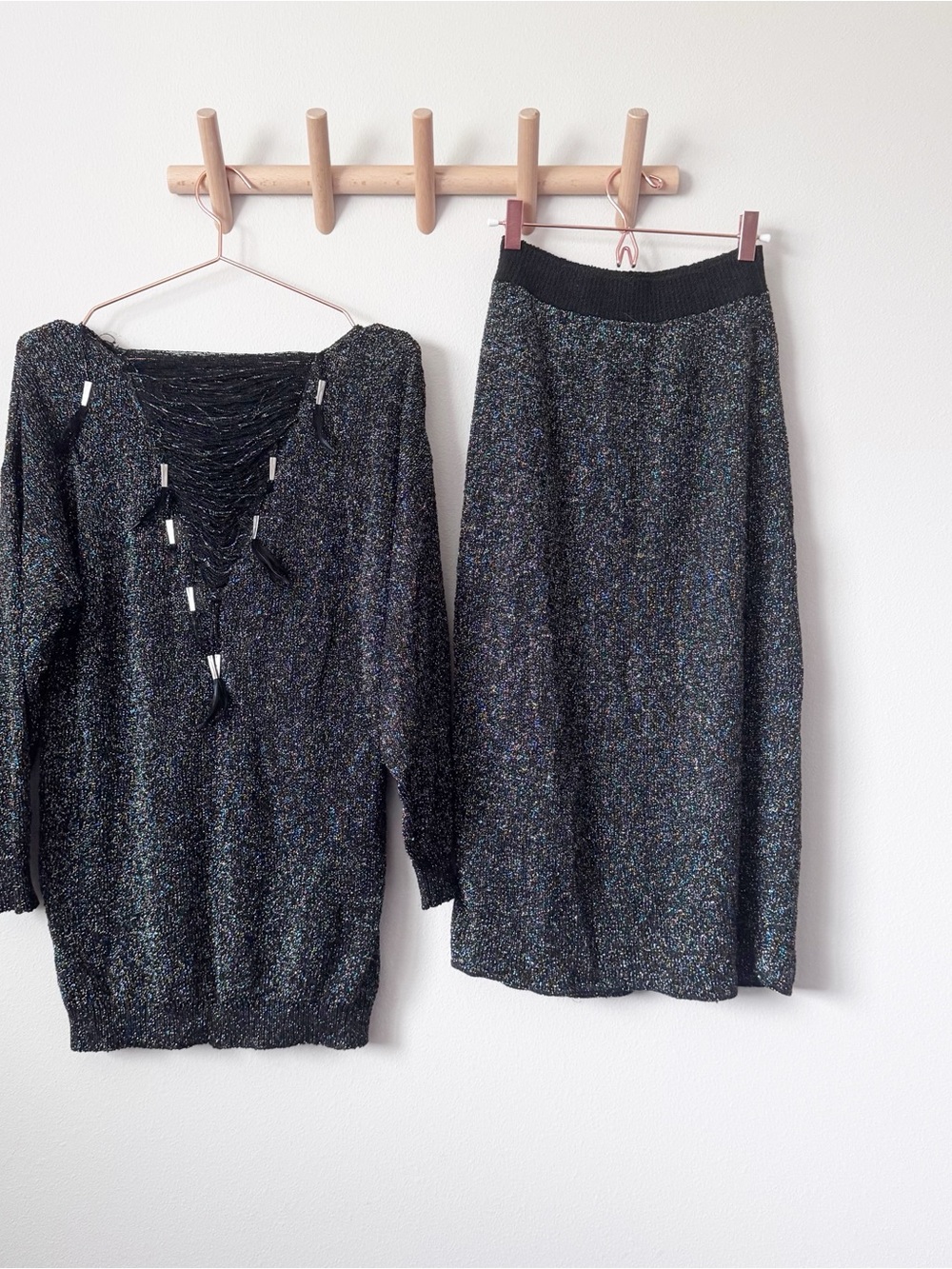 Brenda French Vintage Black Metallic Sweater and Knit Midi Skirt  Set